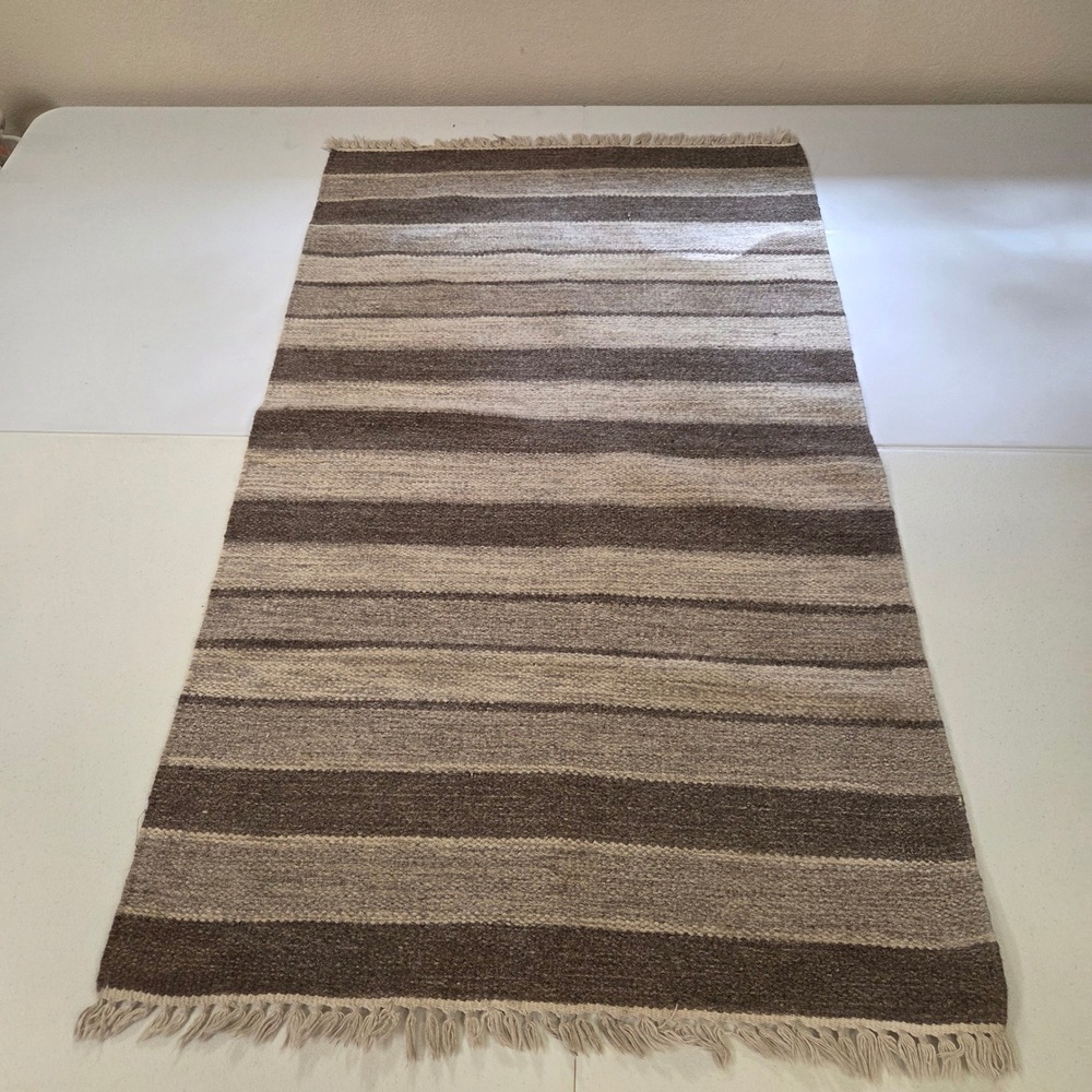 Hand Woven Wool Striped Rug 29x50 Brown Tan Southwest Flatweave Fringed Runner